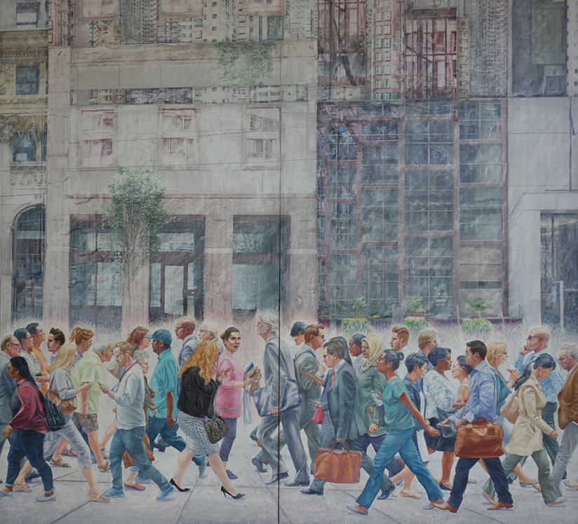 A band of walking people comprises the lower third. The background is collaged city buildings.