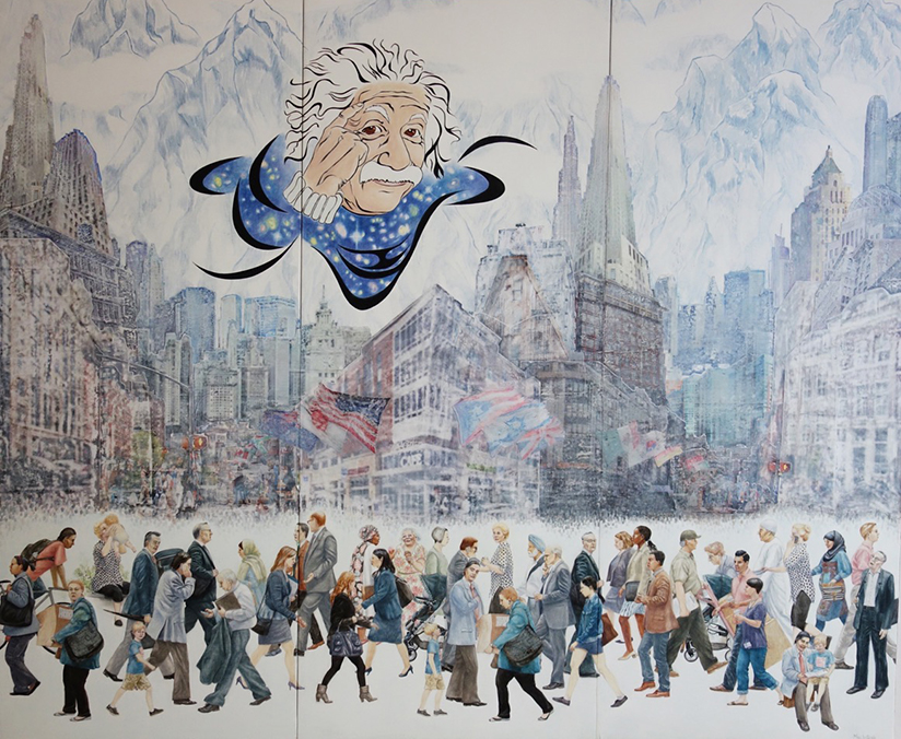 There is a collaged streetscape in the middle, with Chinese styled mountains behind. Across the bottom is a band of people walking. Hovering over the buildings is a Pop styled head of Einstein within an abstracted space/time continuum.