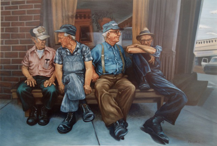 Four old farmers sit in conversation on a bench in front of a store             window. The perspective is exaggerated.