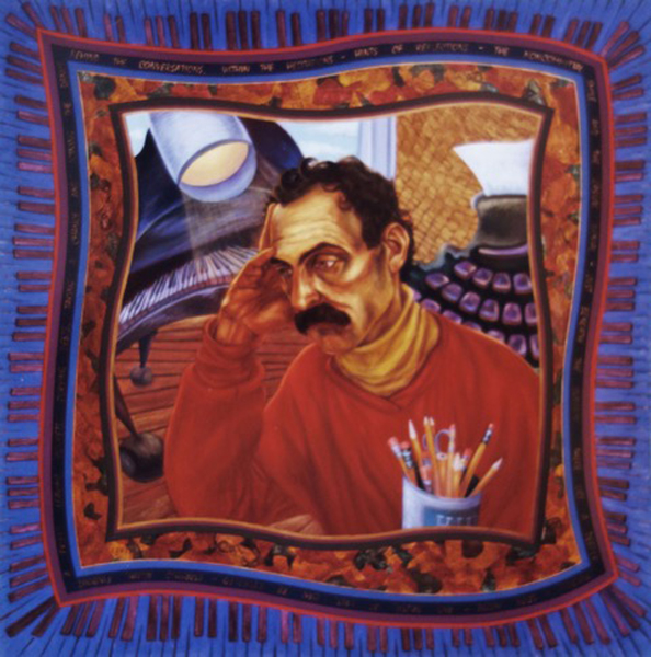 Harry, a musical composer, has his head in his hand, thinking. Behind him are a distorted piano and old-fashioned typewriter. The outside border is shaped like raised piano keys, and another contains some of his lyrics.