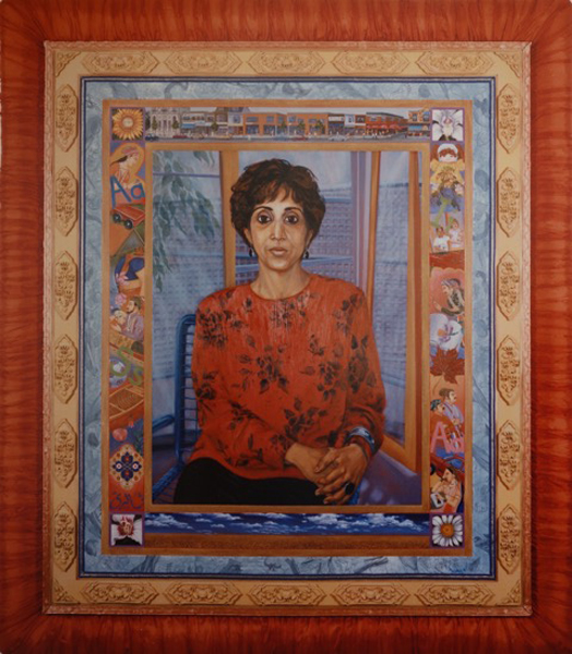 Asia sits in her sunroom, surrounded by various borders. One has mixed paintings of images from her life (Danforth streetscape, her children, camping), and cultural background (Pakistani mogul images and wheat field). Another is collaged medical and historical texts, and one is composed of ceramic relief sculptures in Indian style. The outer layer is sari fabric.