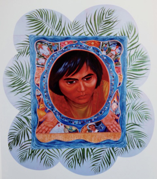 Eva is a troubled young woman (shown by her expression) from the Philippines. The outer, flower-like shape with raised palm fronds, and the undulating raised water beside it indicate her island origins. She is surrounded by many people, symbolized by button heads and cross shapes covered in thread bodies. Other paintings include family members, images of her Catholic faith and children’s’ toys, as she worked as a nanny.