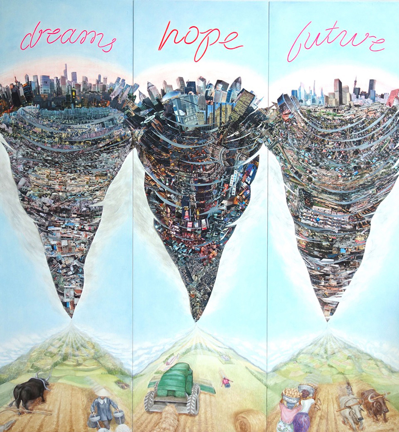 There is a collaged whirlwind on each of the three panels. Landscapes of Asia, the mid-west, and Africa are being sucked into them. The words of the title appear near the top.