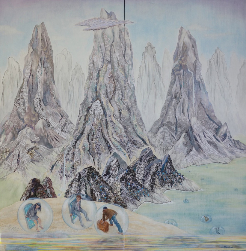 There are three large collaged mountains, with painted ones in the distance. They border part of a lake on the right. Three people in bubbles push enlarged cell phones in the foreground.